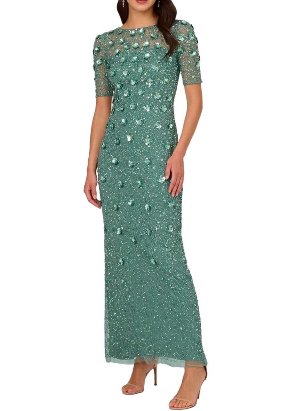 NWT $299 MSRP Adrianna Papell Short Sleeve Slate Green Floral & Mesh Gown READ